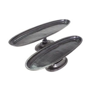 Modern Gunmetal Metal Oval Pedestal Serving Trays <b>Set</b> of 2 Blackened Bronze <b>Cake</b> <b>Stands</b> Industrial Style Raised Platter for - Product Image 1