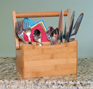 Porta utensilios de bambú con logotipo personalizado, con asa y compartimento, caja de almacenamiento para cubiertos, para restaurante, fiesta, venta al por mayor - Product Image 4