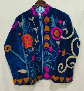 Hand Embroidered <b>Velvet</b> <b>Jacket</b> Mandarin Collar Full Sleeve Floral Pattern Zipper Closure Women's Autumn Coat - Product Image 1