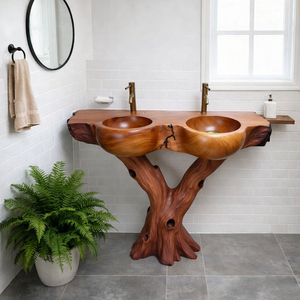 Bathroom vanity sink with live edge wood shelf double vessel sink for powder room Solid wood bathroom vanity handmade reclaimed - Product Image 2