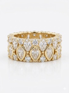 Anillo de boda y declaración de oro macizo de 14K con diseño de pera y diamantes de laboratorio redondos, banda de mosaico, anillo de cigarro ancho con racimo, anillo de lágrima con múltiples piedras - Product Image 2