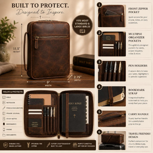 Personalized Leather Bible Cover Zippered Study Organizer Case Custom Name Genuine Leather Bible <b>Sleeve</b> with Handle - Product Image 3