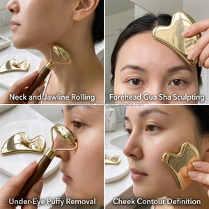 Ensemble de rouleaux de massage facial Gua Sha en laiton de luxe avec manche en bois et rouleau facial en métal doré pour sculpter la peau - Vente en gros - Product Image 2