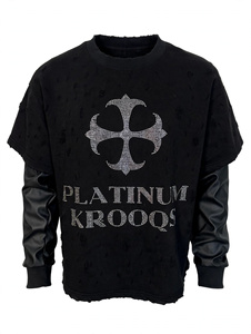 Custom Rhinestone Graphic <b>Black</b> Vintage Distressed Ripped Layered Leather <b>Sleeve</b> Oversized Men <b>T</b> <b>Shirt</b> Streetwear Heavyweight - Product Image 1