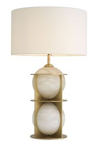 Lampe de table contemporaine en marbre Nyxora Atelier, base dorée, abat-jour en tissu beige, fabrication artisanale, décoration intérieure, salon, design moderne - Product Image 1