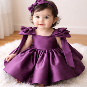Ensemble robe et bandeau en satin pour petites filles |   Robe en satin bouffante pour fête d'anniversaire |   Vêtements de cérémonie Plum, fabrication OEM - Product Image 3