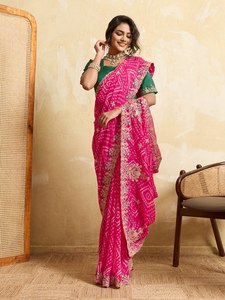 Sari Bordado Bandhani de Diseño para Mujer |   Sari Étnico con Bordado Floral Zari para Fiestas, con Blusa a Juego - Product Image 1