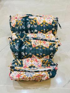 Juego de Bolsas Cosméticas de Algodón Acolchado con Estampado Artesanal Indio, Bolsa de Maquillaje Floral Verde Oscuro al por Mayor - Product Image 3