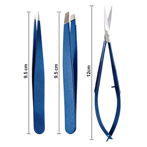 แหนบคิ้วคุณภาพสูงขายส่ง สีน้ำเงิน โลโก้สั่งทำได้ วัสดุสแตนเลส ปลายแหลมเฉียง พร้อมกรรไกรสปริง - Product Image 3