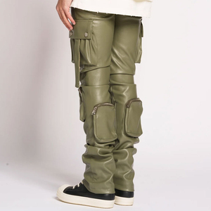 Pantalon cargo en cuir pour homme avec logo personnalisé, coupe ajustée, tissu confortable, multi-poches, vêtements de rue, vente en gros - Product Image 2