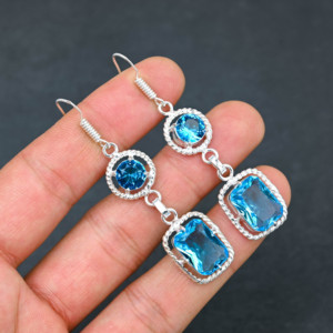 Pendientes Personalizados de Plata de Ley con Bisel Octogonal de Topacio Azul de Londres Creado en Laboratorio, 10x14 mm, Chapados en Plata, 1.90, Regalo para Fiestas - Product Image 3