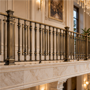 Rampe d'escalier classique en métal bronze foncé avec balustres décoratifs carrés pour villas, hôtels et intérieurs élégants - Product Image 3