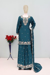 Conjunto de Kurta, Palazzo y Dupatta con bordados y cuentas que dan un aspecto atractivo para mujeres en bodas y festivales. Compre directamente del proveedor. - Product Image 4