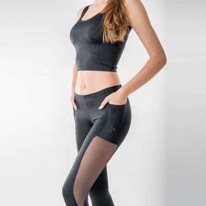 Leggings longs taille haute pour femmes, couleur noire unie, tricotés en spandex et nylon extensible, sportifs, toutes saisons - Product Image 4