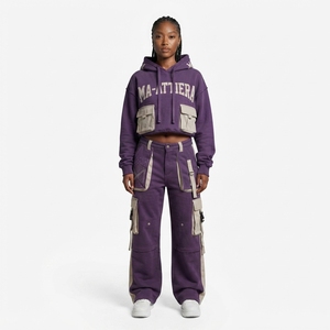 Custom <b>Women</b> <b>Purple</b> Cropped Hoodie Cargo Jogger Set Cotton Fleece Streetwear <b>Tracksuit</b> OEM Wholesale - Product Image 1