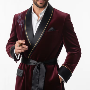 Bata Acolchada de Terciopelo Borgoña para Hombre, Ropa de Estar de Lujo, Elegante Bata de Felpa para el Hogar, Regalo - Product Image 1