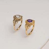 Bague ovale artisanale en laiton vintage avec améthyste naturelle sertie clos, style filigrane, pour femme, vente en gros