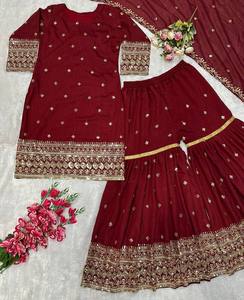 Ensemble Kurta Palazzo Dupatta brodé pour femmes, couleur marron, en soie, tenue traditionnelle ethnique pour les occasions spéciales - Product Image 5