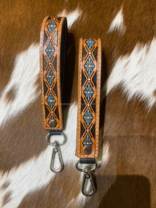 New Turquoise & Brown Hand <b>Tooled</b> Wristlet Leather Keychain Set Personalized Key Fob-Cowgirl Car Key Western Key Strap Key Clip - Product Image 2