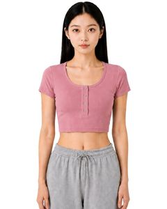 เสื้อครอปแขนสั้นทรงเข้ารูปสีชมพูสำหรับผู้หญิง ผ้าคอตตอนผสมสแปนเด็กซ์ ยืดได้ สวมใส่สบาย เหมาะสำหรับฤดูร้อน มีกระดุม ดีไซน์ทันสมัย - Product Image 1