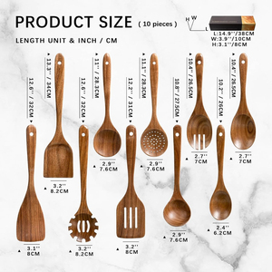 Cuillères en bois pour la cuisine, ensemble d'ustensiles de cuisine antiadhésifs avec 10 spatules et cuillères en bois d'acacia pour la cuisine - Product Image 5