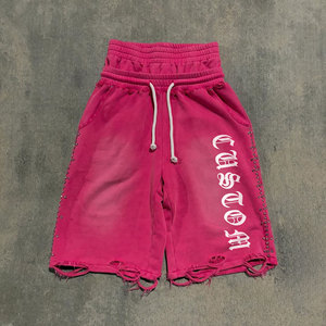 Shorts d'été personnalisés pour hommes, grande taille, coupe ample, style jogger, en molleton bouclette, avec strass, effet usé, ourlet brut et double ceinture - Product Image 4