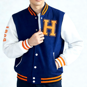 เสื้อแจ็คเก็ตวาร์ซิตี้สีน้ำเงินดุ๊ก สไตล์พรีปปี้สำหรับผู้ชาย ปักตัวอักษร H ด้านหน้า แขนเสื้อสีขาว แต่งขอบสีส้ม เหมาะสำหรับใส่ในฤดูใบไม้ร่วง - Product Image 4