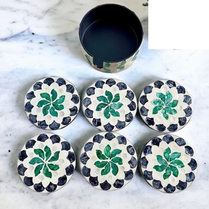 Luxurious Set of 6 Green Mother Pearl Inlay Round Coasters with Holder Bohemian Style Eco-Friendly <b>Table</b> <b>Protection</b> Mats & Pads - Product Image 1