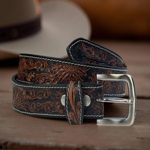 New Men's Casual Brown Western <b>Leather</b> <b>Tooling</b> Belt with Floral Hand Carving Heavy Duty Antique Brass Designer Metal Pin Buckle - Product Image 5