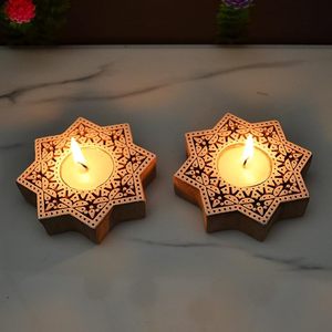 Wooden <b>Tea</b> Light Candle Holder <b>Stand</b> for Diwali Handmade Block Print Star Shaped T Light Holder for Home Decor - Product Image 3