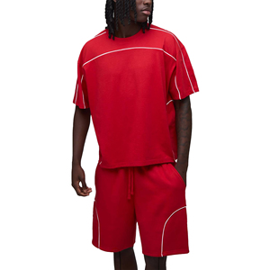 Ensemble de t-shirt et short en coton tricoté pour homme, décontracté, été, uni, léger, respirant, sans couture, floqué, deux pièces, vêtements de plage - Product Image 2
