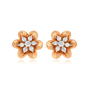 Boucles d'oreilles en or rose avec fleurs et diamants, diamants de laboratoire taille brillant rond, bijoux romantiques pour femmes à porter au quotidien - Product Image 1