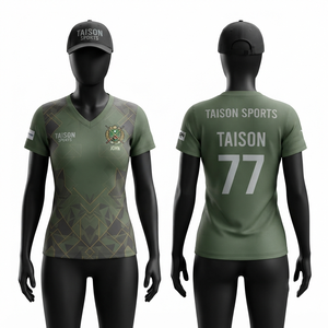 เสื้อสนุกเกอร์หญิง 180 GSM ผ้าโพลีเอสเตอร์อินเตอร์ล็อค ระบายอากาศได้ดี สีเขียวมะกอก ดำ ลายกราฟิก ดีไซน์แบบซับลิเมชั่นสั่งทำพิเศษ - Product Image 1