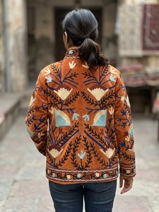 <b>Womens</b> Rust Orange Embroidered <b>Velvet</b> <b>Jacket</b> with Botanical Floral Design Stand Collar - Product Image 2