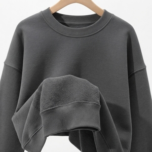 Sweat-shirt gris à col rond pour femme, manches longues, décontracté, en polaire, pull-over doux et léger, streetwear, vente en gros personnalisée - Product Image 5