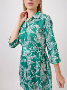 <b>Three</b> Quarter Sleeves Midi Hot Sale Vintage Elegant Printed Formal Party Green Floral Print Eco-Friendly Loose Turn-down Collar - Product Image 3