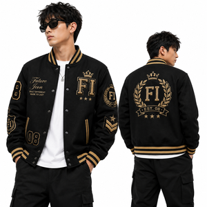 Chaqueta Varsity Premium Negra y Dorada para Hombre, Otoño, Bordada, con Botones a Presión, Estilo Letterman, Bomber, Venta al Por Mayor, Personalización de Marca - Product Image 1