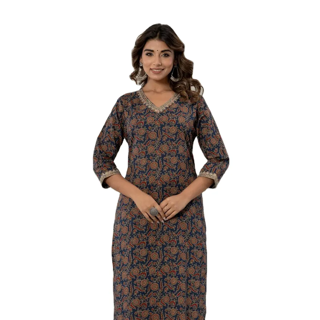 فستان كورتي/كورتي قطني هندي مطبوع ذو خط A مع أزرار للمصمم فستان نسائي طويل كاجوال مناسب للعمل