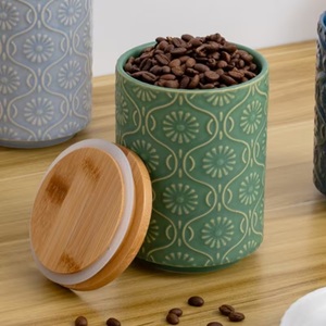 Pot en céramique haut de gamme avec couvercle en bambou, motif floral en relief, hermétique, anti-humidité, organiseur de cuisine, décoration élégante pour comptoir - Product Image 5