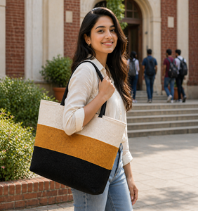 Bolsa de Compras de Yute Premium Tricolor Mostaza, Blanca y Negra con Asas Negras |   Cierre Abierto Elegante y Ecológico para Uso Diario - Product Image 2