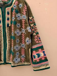 Artisan Khaki <b>Velvet</b> Embroidered Suzani <b>Jacket</b> With Floral Pattern Full Sleeve Stand Collar Handmade Bohemian <b>Women</b> Winter Coat - Product Image 3