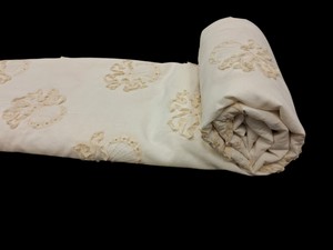 High Quality Premium <b>White</b> Cotton Fabric with Beige Fabric <b>Taping</b> & Eyelet Embroidery - 3D Textured Floral Motif Material - Product Image 2