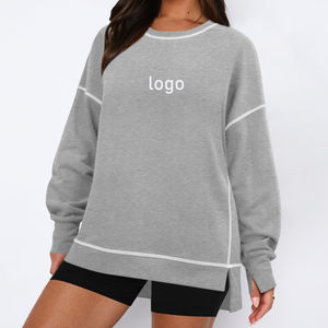 Sudadera de Cuello Redondo para Mujer, en Oferta, con Costuras en Contraste, Gris y Rosa, Talla Grande, Manga Larga, Estilo Casual, Personalizable, de Algodón - Product Image 1