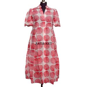 Vestido de Algodón para Mujer, Estilo Boho, Hecho a Mano, Vintage, Estampado de Conchas, para el Verano, Manga Corta, Cintura Natural, Vestido Casual Midi - Product Image 3