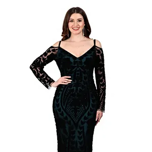 Robe longue de soirée élégante vert foncé à sequins, de luxe, à épaules dénudées, manches longues, ornée à la main, coupe sirène, pour soirée formelle et bal de promo - Product Image 5