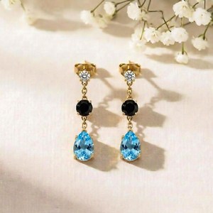 Natural Sky Blue Topaz Pear Drop Earrings With <b>Black</b> Obsidian Oval CZ Accent Handmade Gemstone Jewelry Gift For Her - Product Image 2