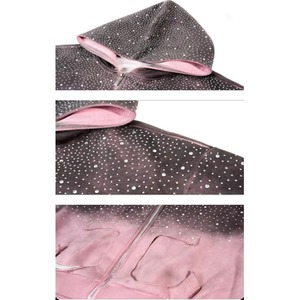 Sudadera con capucha para hombre, de algodón 100%, con cremallera, estilo urbano, con efecto desgastado y rotos, color rosa, con pedrería, OEM ODM - Product Image 6