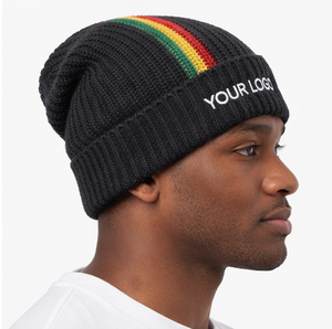 Nouveau bonnet en tricot côtelé jacquard noir à rayures arc-en-ciel avec logo personnalisé, style Rasta Reggae, pour l'hiver - Product Image 2