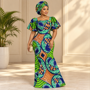 Green <b>Navy</b> Blue Luxury African Wax Print Ankara Fabric Abstract Leaf Pattern for <b>Women</b> Dressmaking - Product Image 2