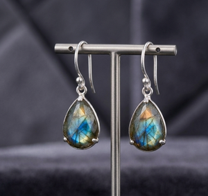 Elegant Labradorite <b>Earrings</b> 6 Inch <b>Long</b> 925 Sterling <b>Silver</b> 18K Gold Plated Party Wear <b>Earrings</b> Everyday Wear - Product Image 4